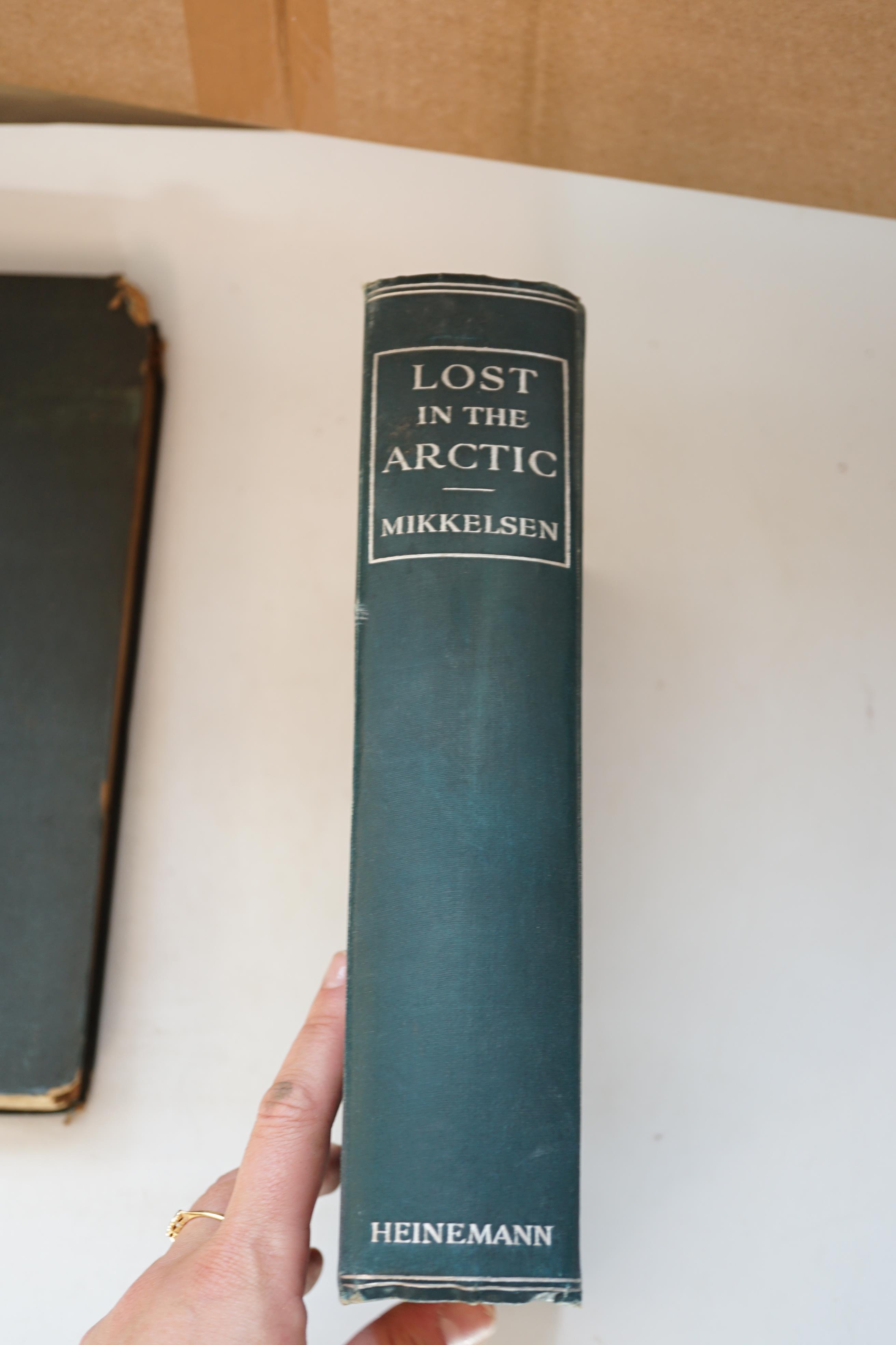 Mikkelsen, Ejnar. Lost in the Arctic being the Story of the 'Alabama' Expedition, 1909-1912, 1st edition, illustrated, including folding map at rear, 4to, cloth, pictorial decorated in silver with a panel depicting an ic